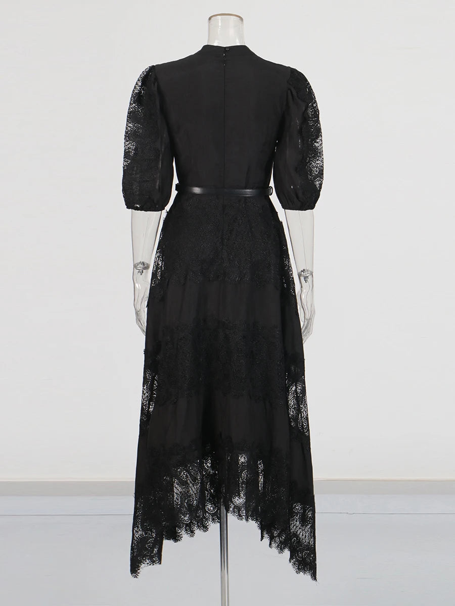 Zalia Atelier | Embroidered Lace Dress with Belt Black