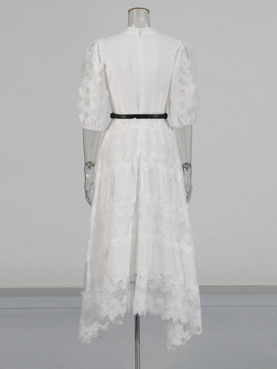 Zalia Atelier | Embroidered Lace Dress with Belt White