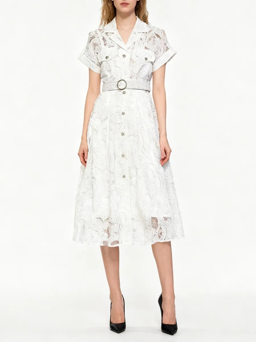 White Embroidered Lace Midi Dress