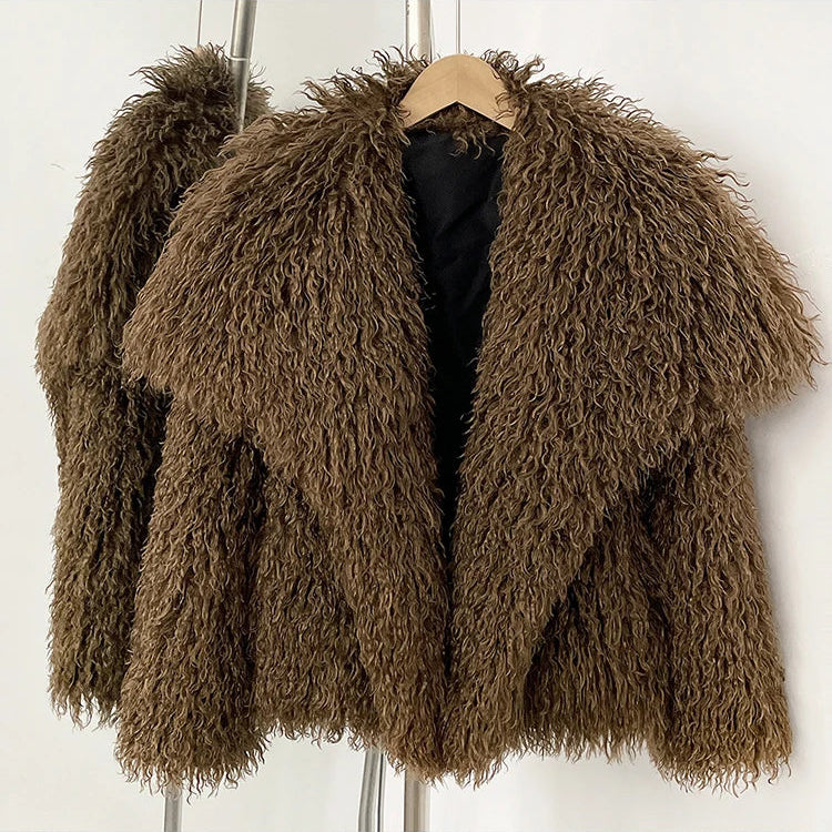 Zalia Atelier - Faux Fur Jacket - Coffee - Mongolian Sheep Faux Fur