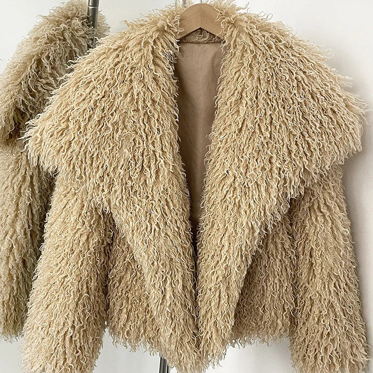 Zalia Atelier - Faux Fur Jacket - Khaki Shade - Mongolian Faux Fur