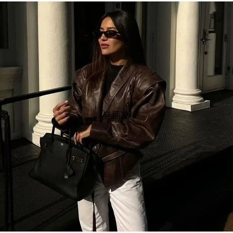 Brown Faux Leather Belted Jacket |Batwing Sleeves