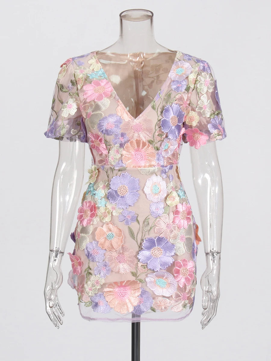 Floral Embroidery Mini Dress Blue / XL