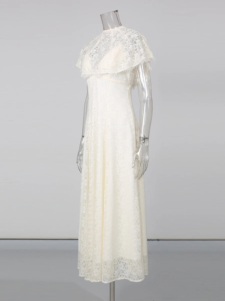 Zalia Atelier - Floral Lace Dress With Cape