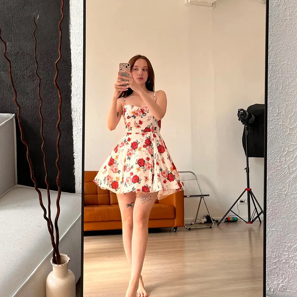 Floral Print Mini Dress with Tulle Hem and Spaghetti Straps