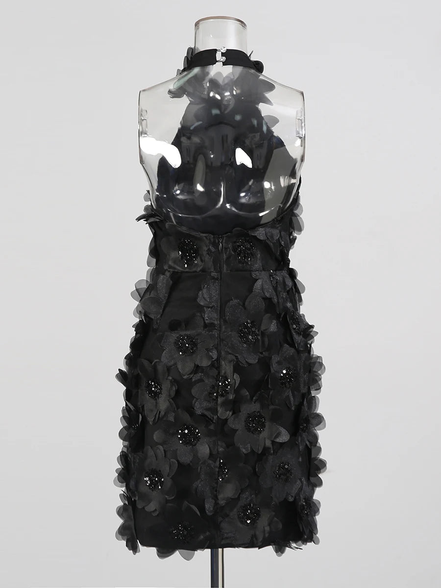 Flower Halter Mini Dress | Black Back