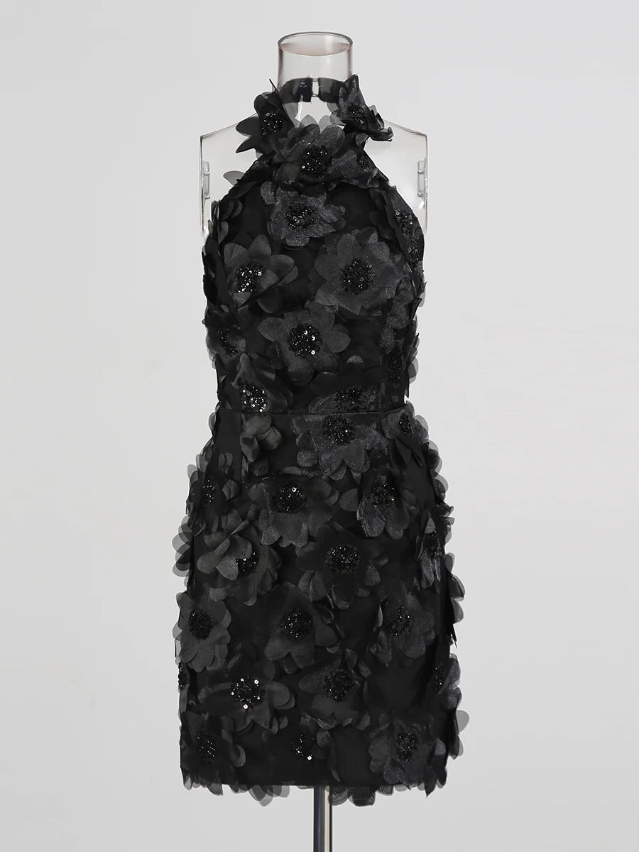 Zalia Atelier | Flower Halter Mini Dress | Black Front