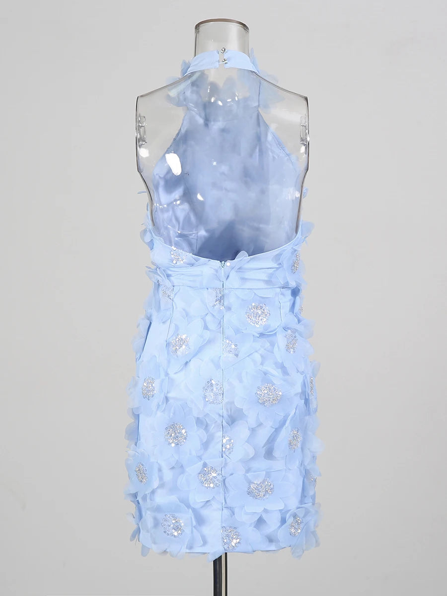 Flower Halter Mini Dress | Light Blue Back