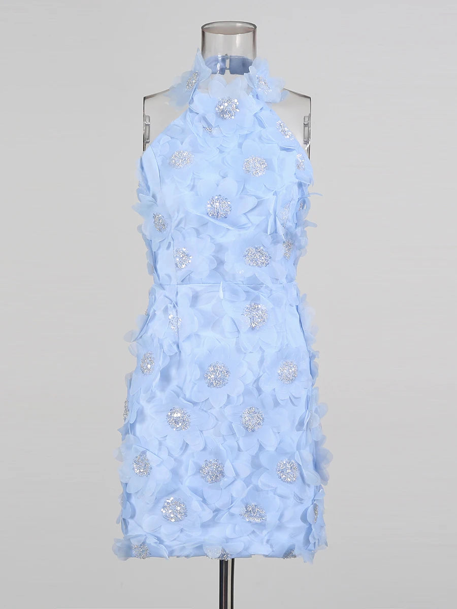 Flower Halter Mini Dress | Light Blue Front