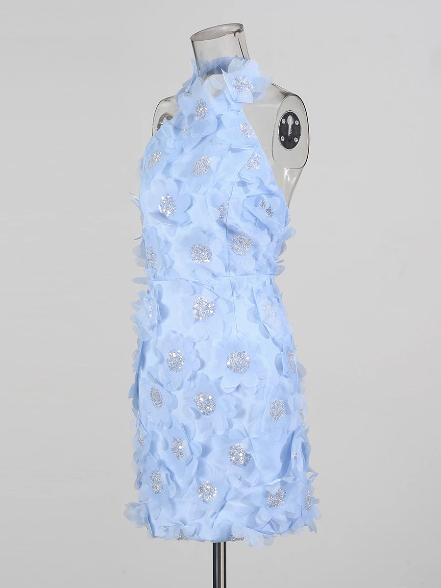 Flower Halter Mini Dress | Light Blue Side