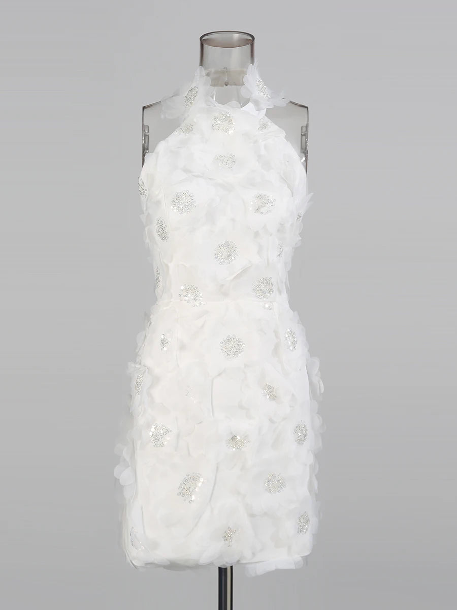 Flower Halter Mini Dress | White Front