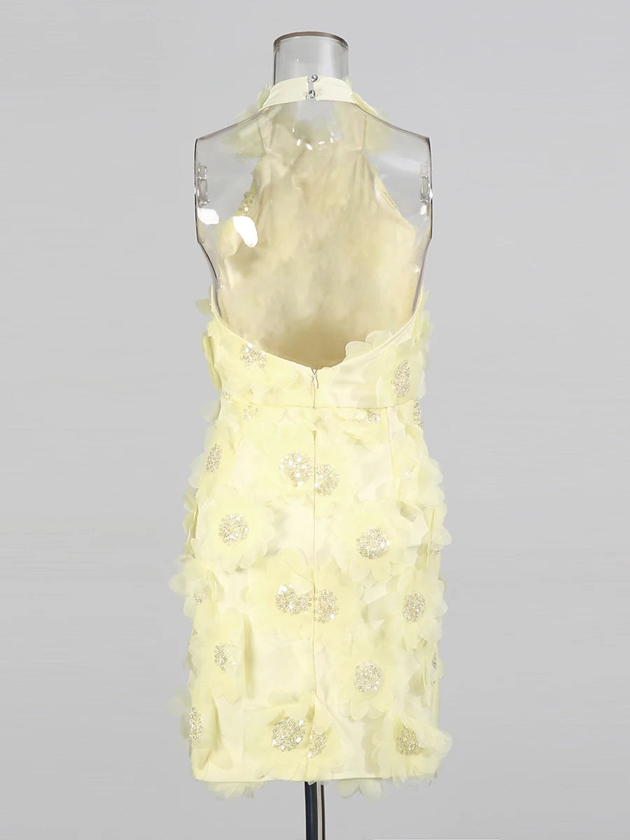 Flower Halter Mini Dress | Yellow Blac