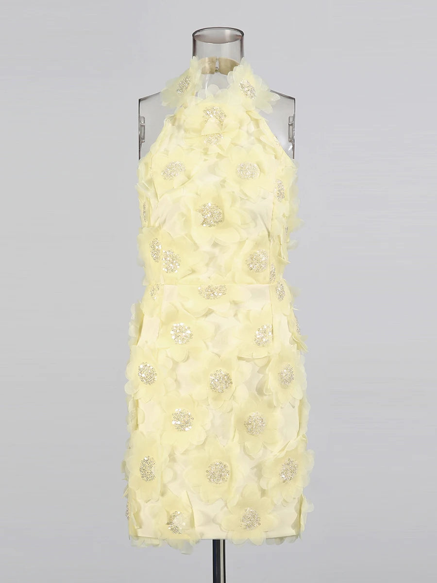 Zalia Atelier | Flower Halter Mini Dress | Yellow Front 