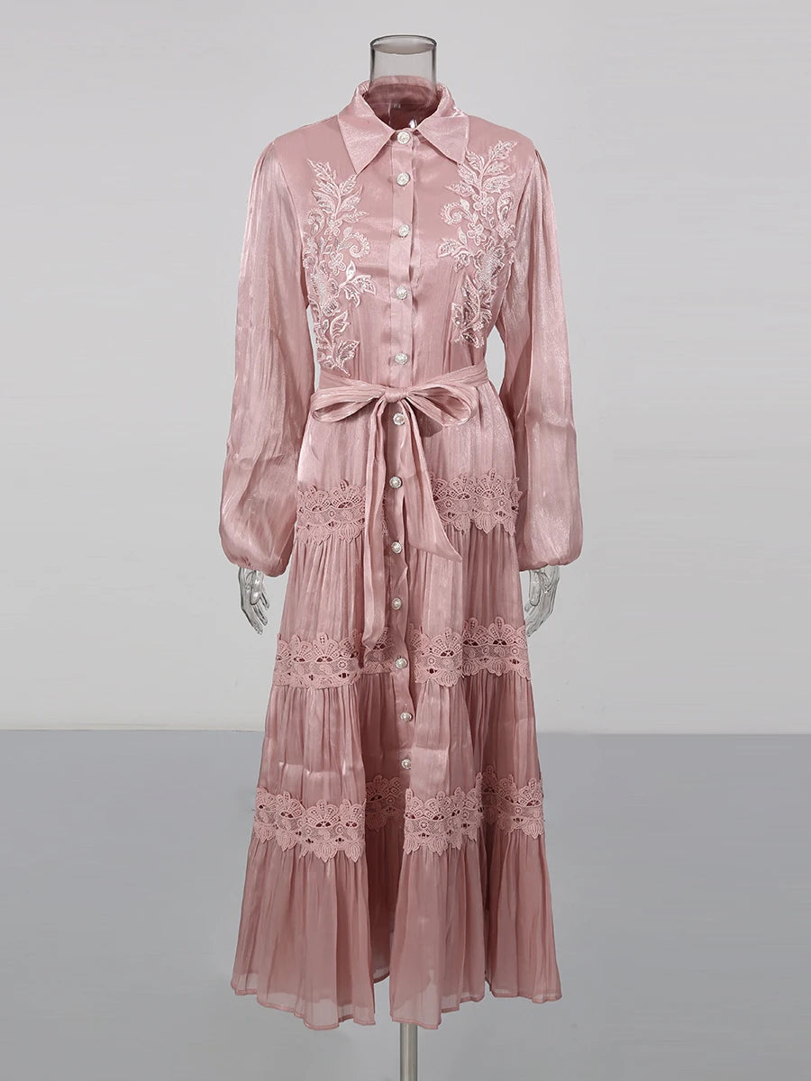 Zalia Atelier Pink Embroidered Lace Maxi Dress