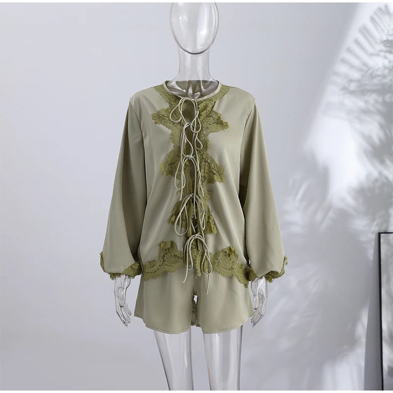 Zalia Atelier | Green Satin Lace Set
