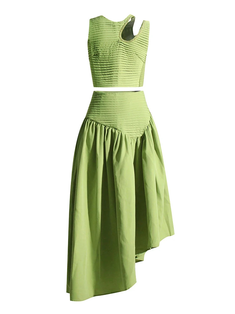 Zalia Atelier | Green top and midi skirt set, shoulder cut out top with rhinestones