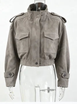 Grey Faux Suede Cropped Jacket - Zalia Atelier
