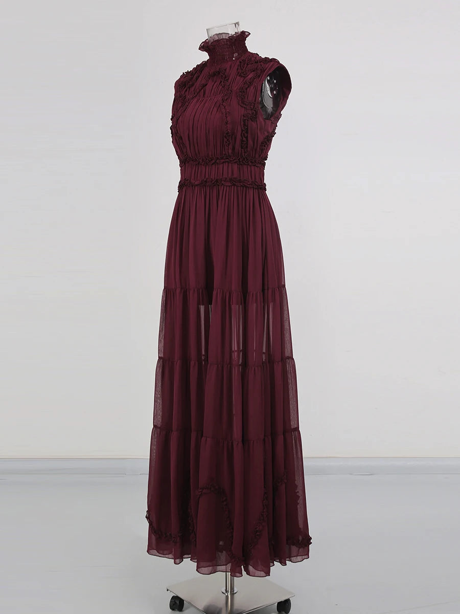 Zalia Atelier Burgundy High Neck Mesh Dress