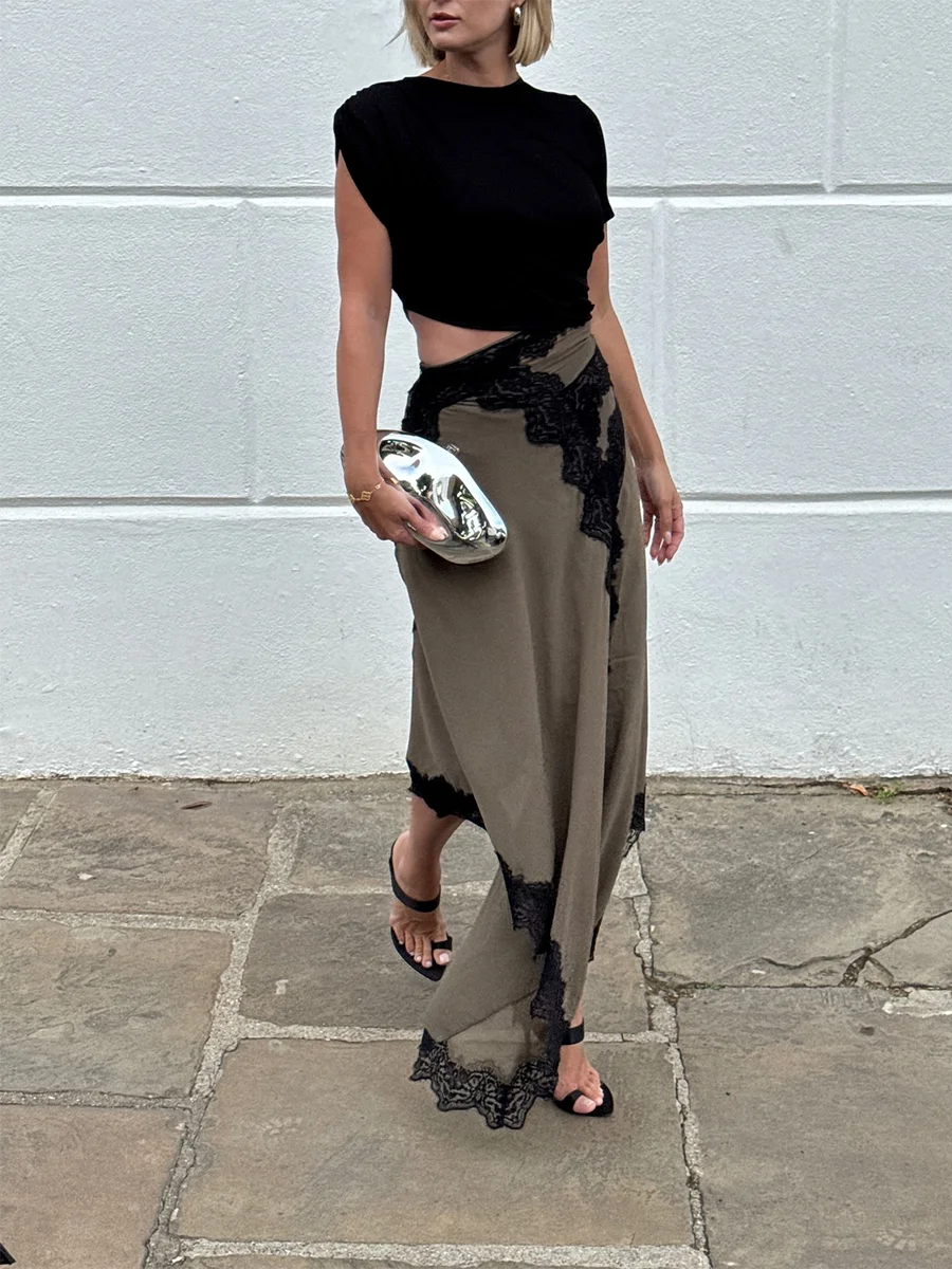Asymmetrical Lace Cutout Midi Dress
