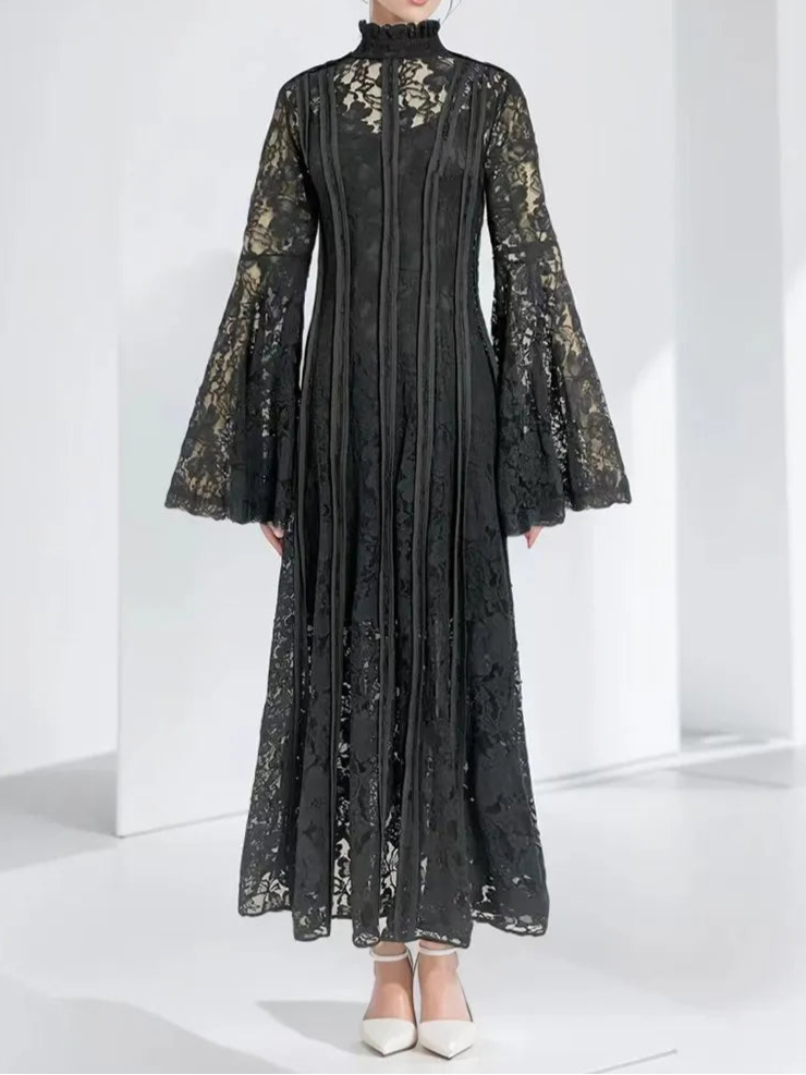 Zalia Atelier | Black Lace Midi Dress Flare Long Sleeves