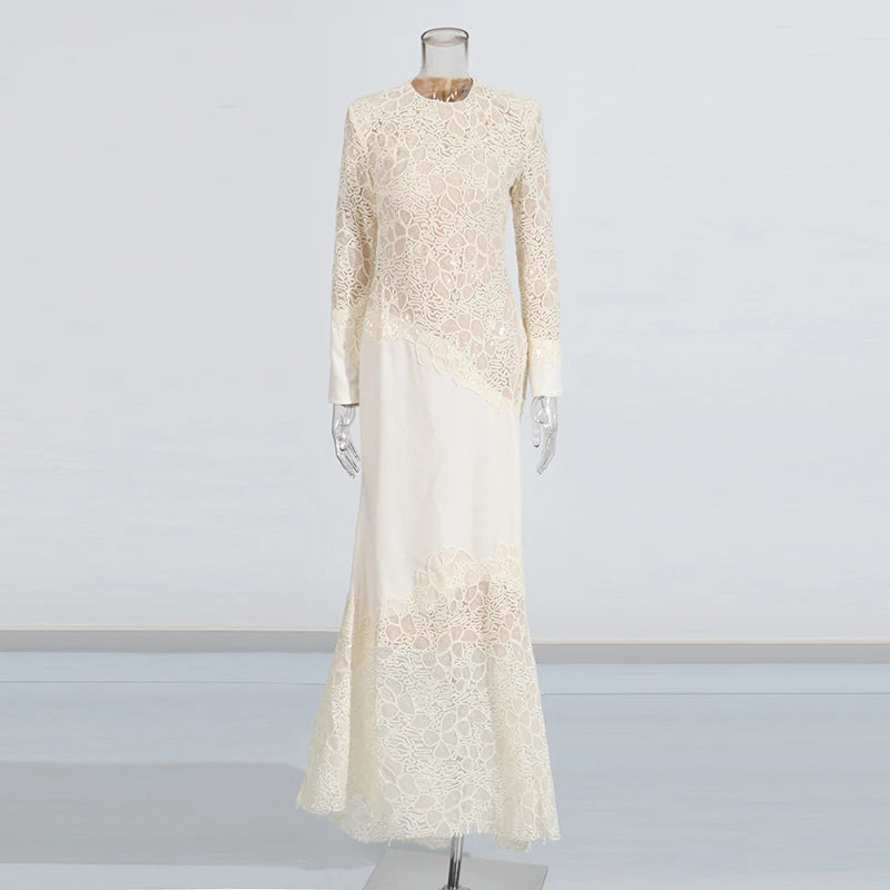 Beige Lace Detail Maxi Dress Long Sleeve | Zalia Atelier
