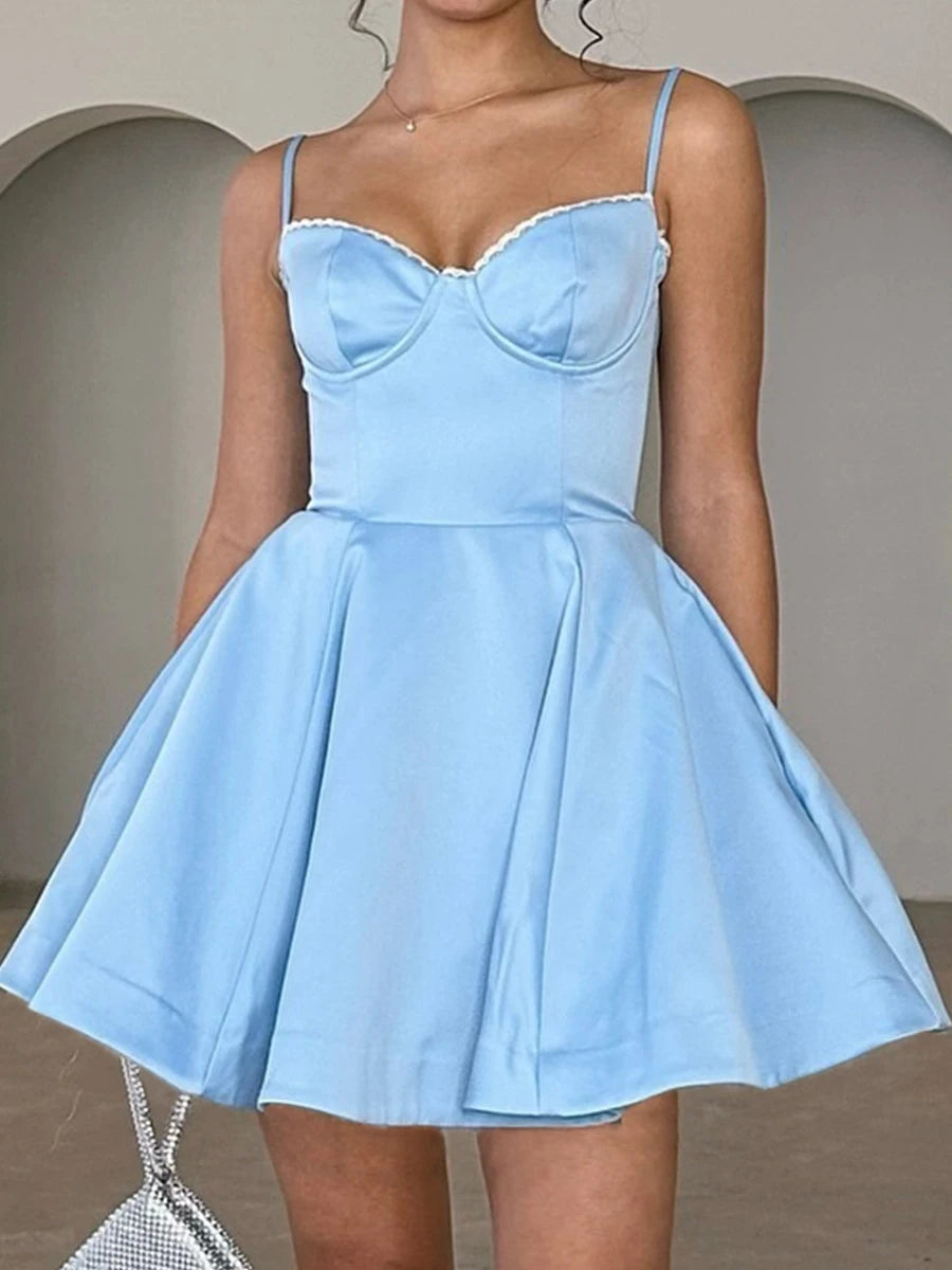 Light Blue Dress with Tulle Hem and Spaghetti Straps