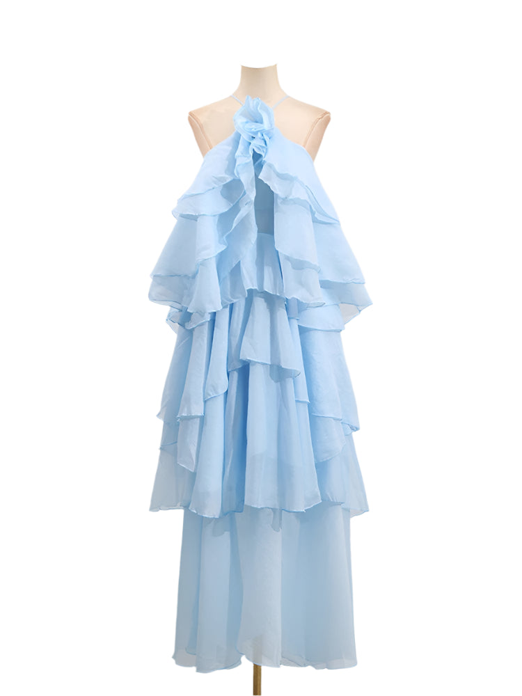 Light Blue Halter Neck Cascading Ruffle Maxi Dress | Zalia Atelier