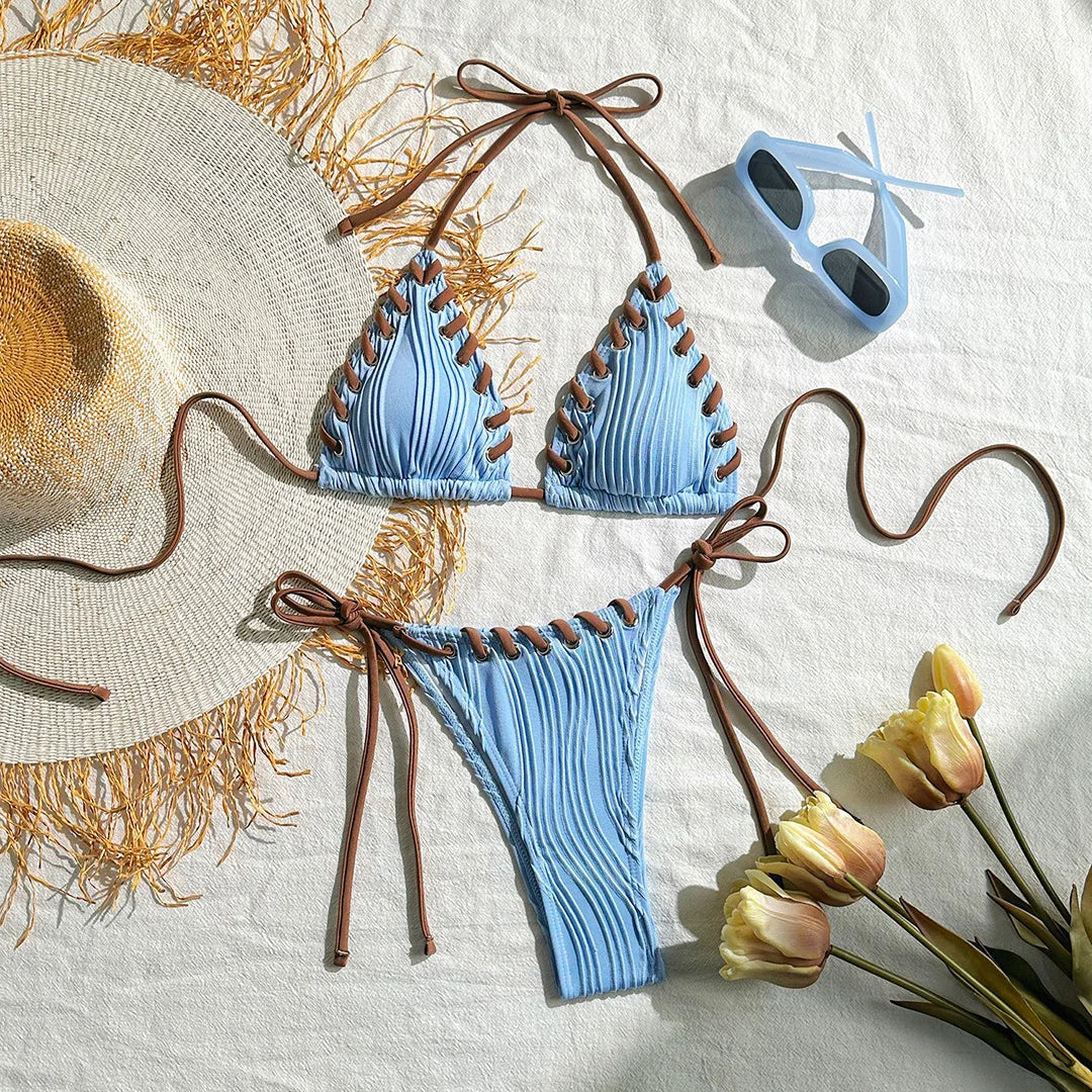 Zalia Atelier | Light Blue Halter Ribbed Bikini