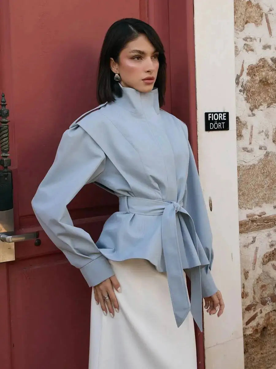 Light Blue Stand Collar Trench Jacket - Blue