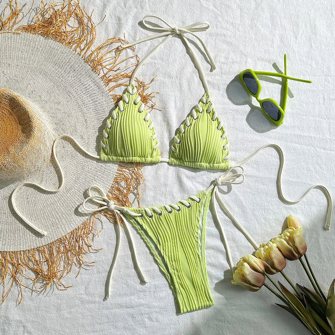 Light Green Halter Ribbed Bikini | Zalia Atelier