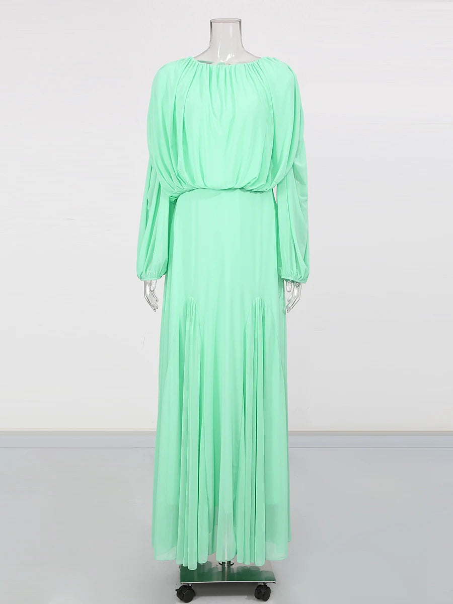 Zalia Atelier | Light Green Round Neck Maxi Dress