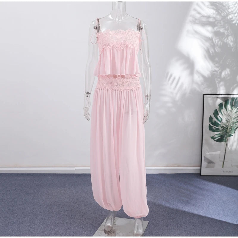 Light Pink Lace Pants Set Front Chloe Inspired Lace Set