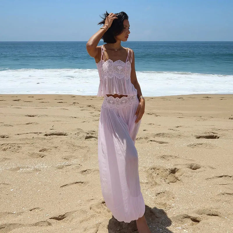 Light pink lace set top and pants set romantic chloe inspired boho style