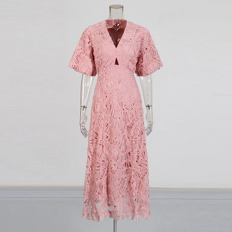 Zalia Atelier - Light Pink Woven Textured Midi Dress