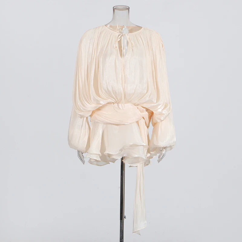Long Sleeves Blouson Mini Dress Beige