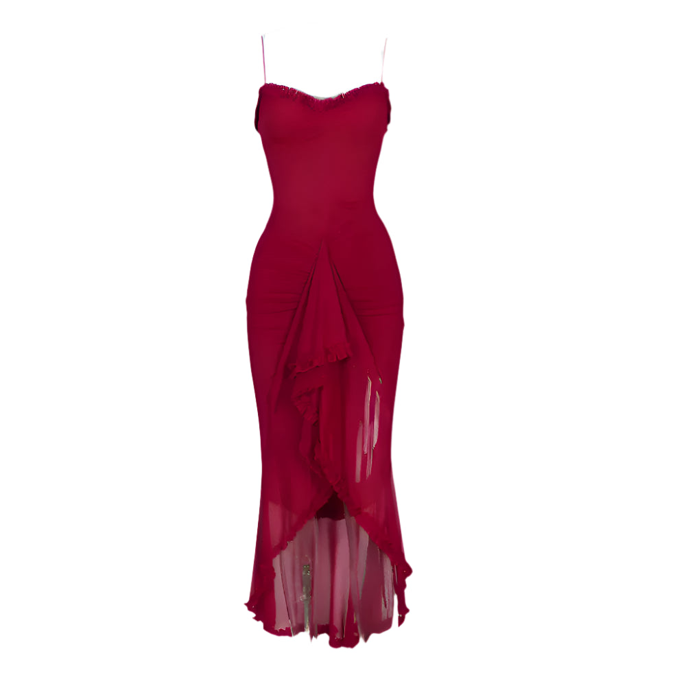 Mesh Ruffled Front Gown Wine / S
