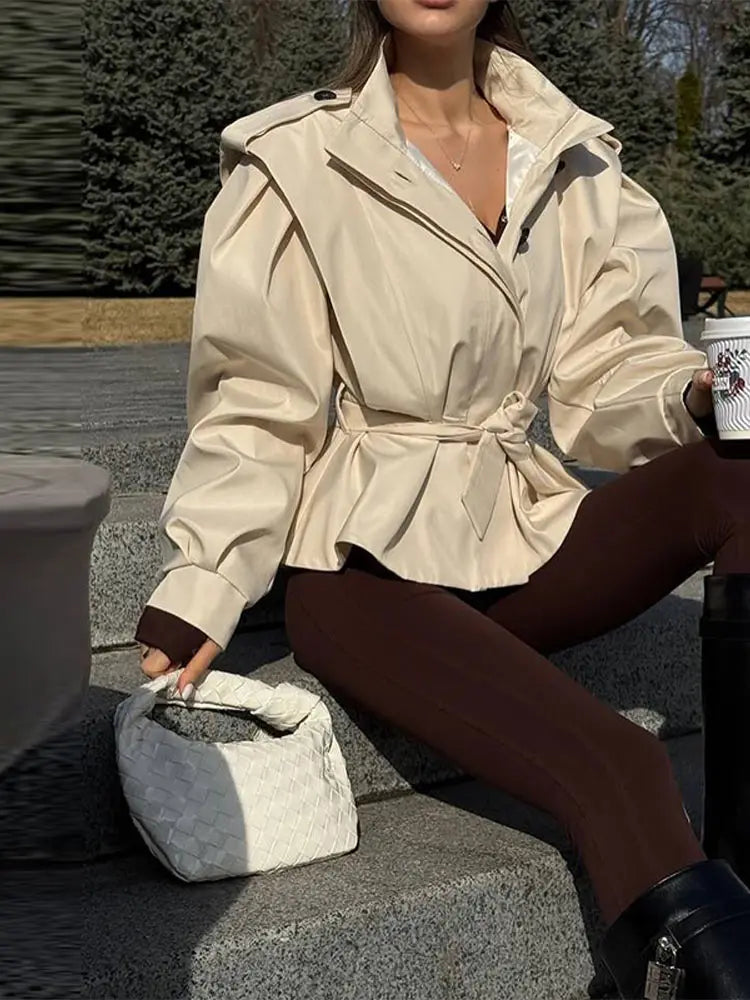 Milky White Stand Collar Belted Jacket