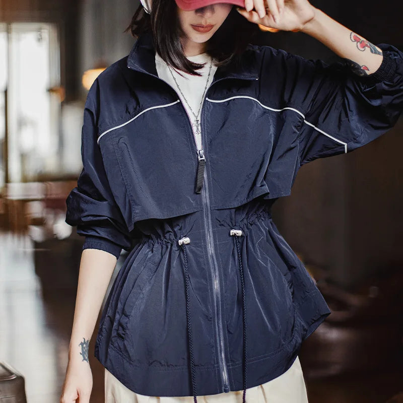 Navy Blue Windbreaker Jacket - Drawstring Waist