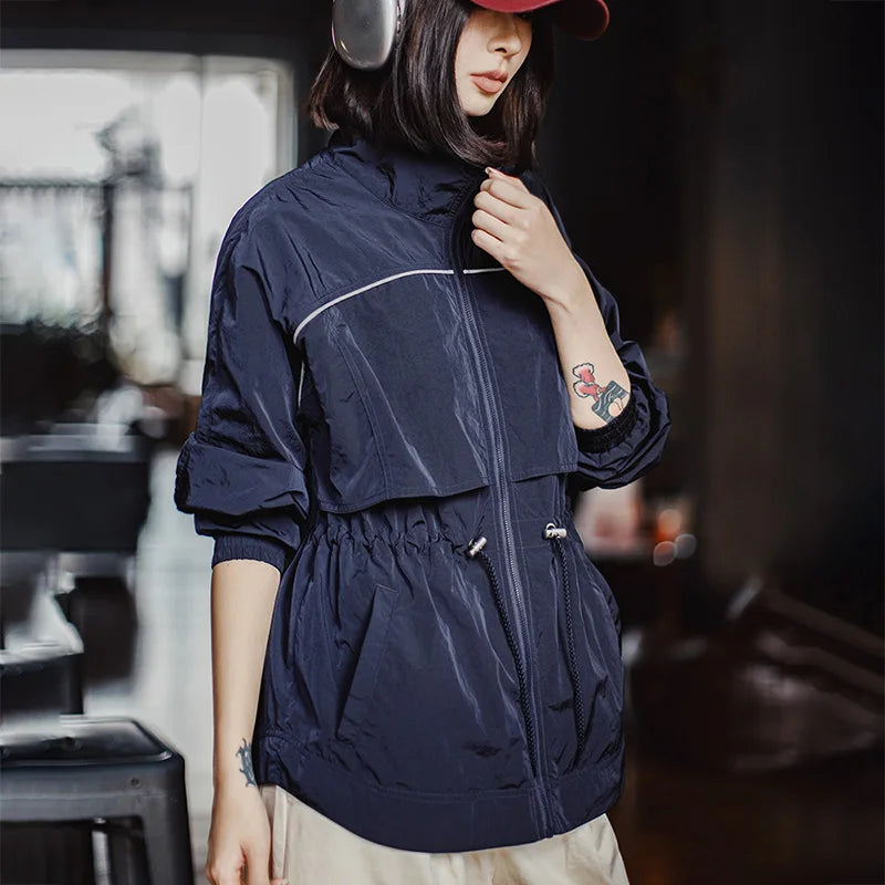 Navy Blue Windbreaker Jacket - Drawstring Waist