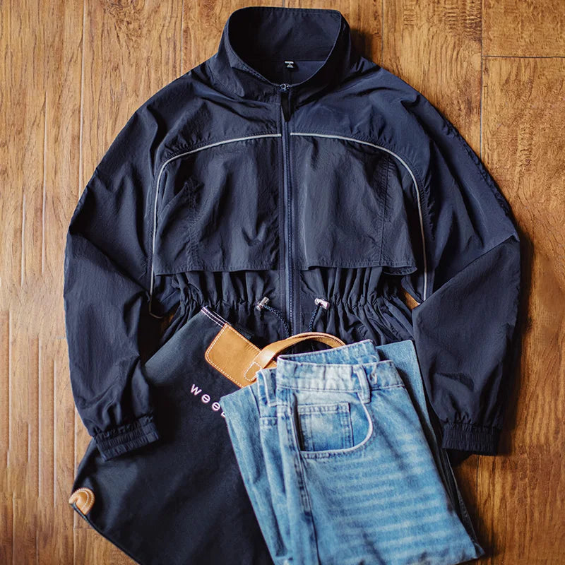 Navy Blue Windbreaker Jacket - Drawstring Waist
