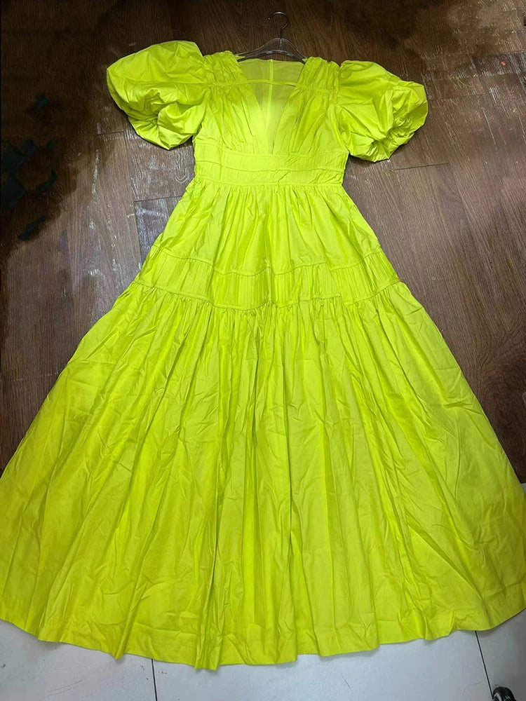 Puff Sleeve Midi Dress GREEN / L Puff Sleeve Midi Dress GREEN / L