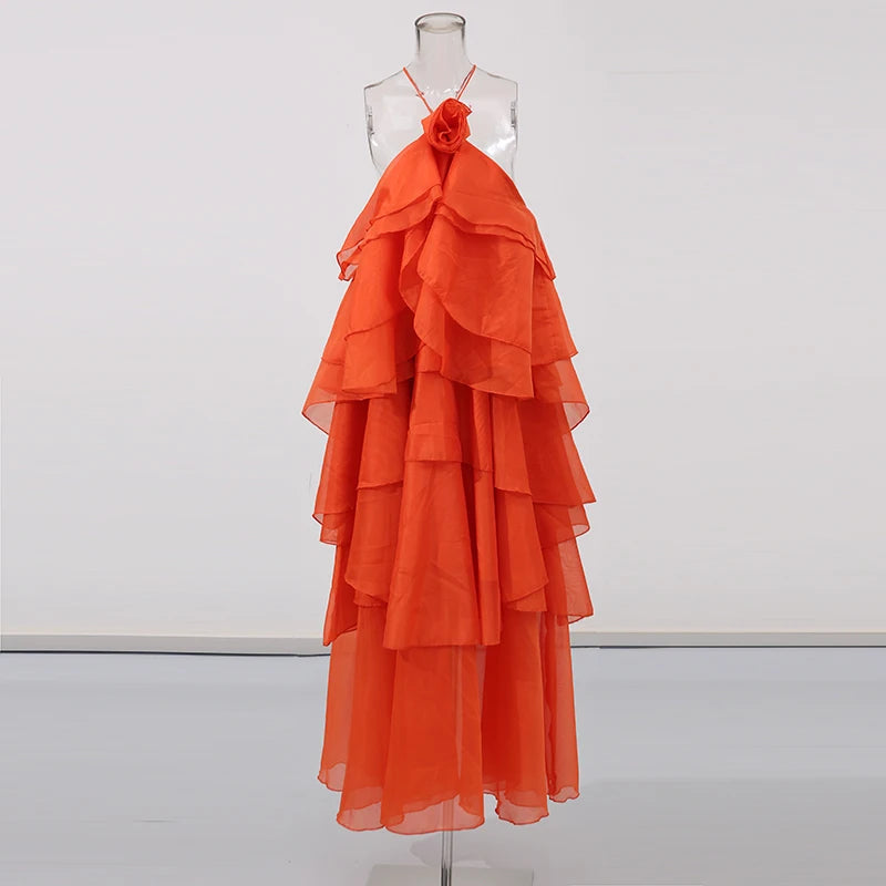 Zalia Atelier | Orange Halter Neck Cascading Ruffle Maxi Dress