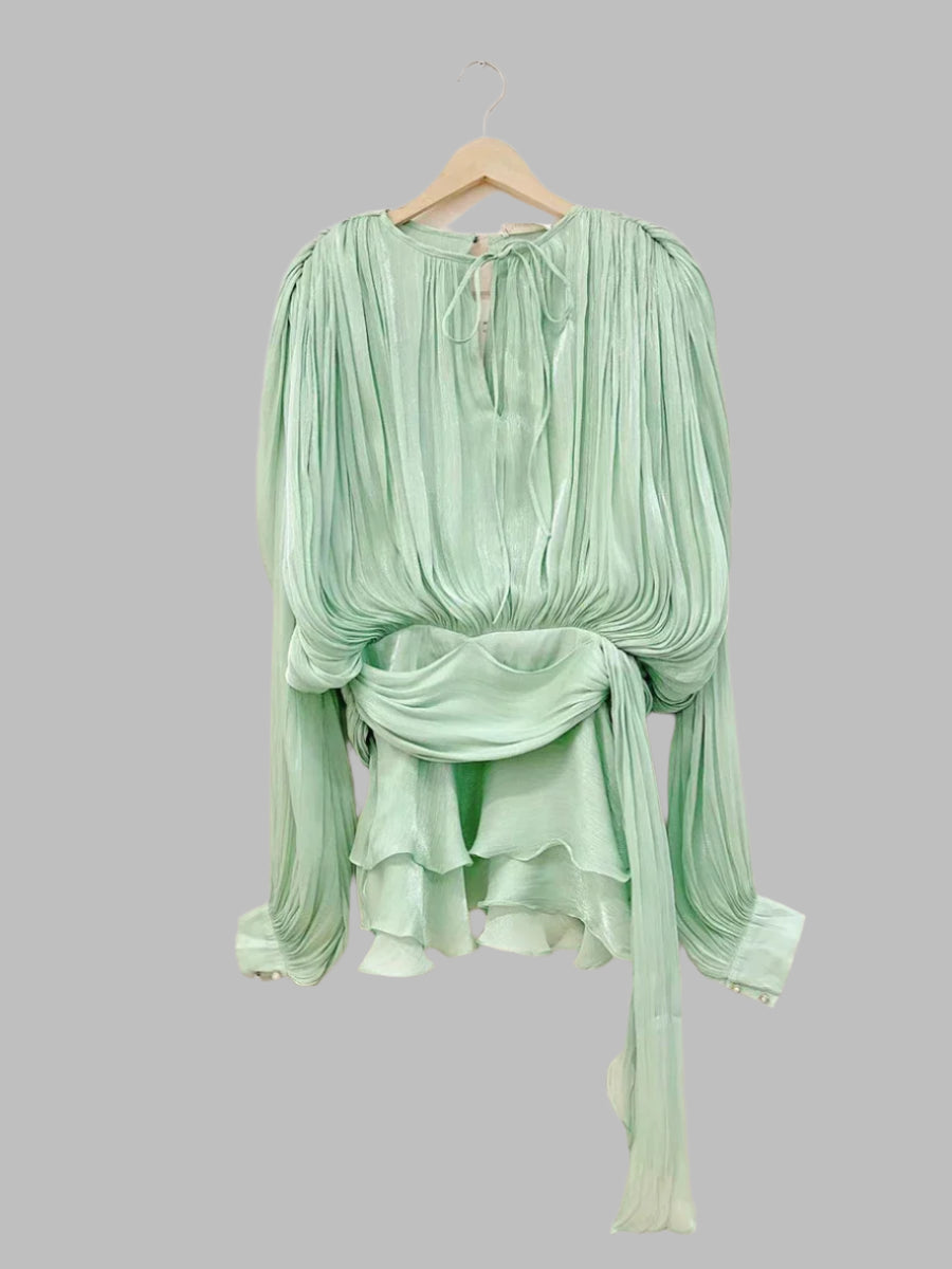 Twotwinstyle Solid Loose Spliced Lace Up Elegant Dresses for Women Round Neck Long Sleeves Patchwork Folds Dress Female Style Green / M