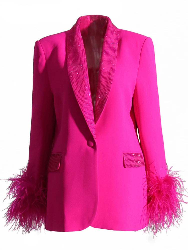 Zalia Atelier | Pink Blazer Feather Trim Cuffs