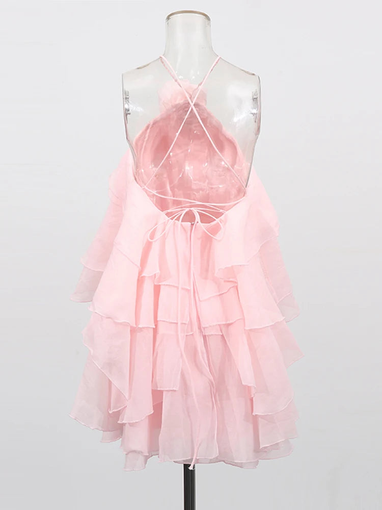 Zalia Atelier | Pink Cascading Ruffles Mini Dress | Back