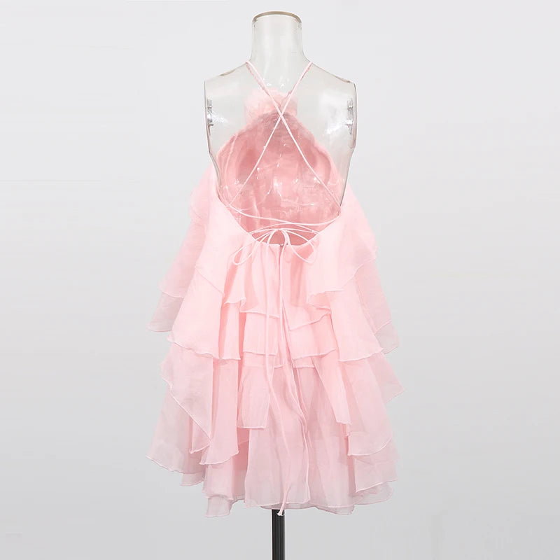 Pink Cascading Ruffles Mini Dress | Back