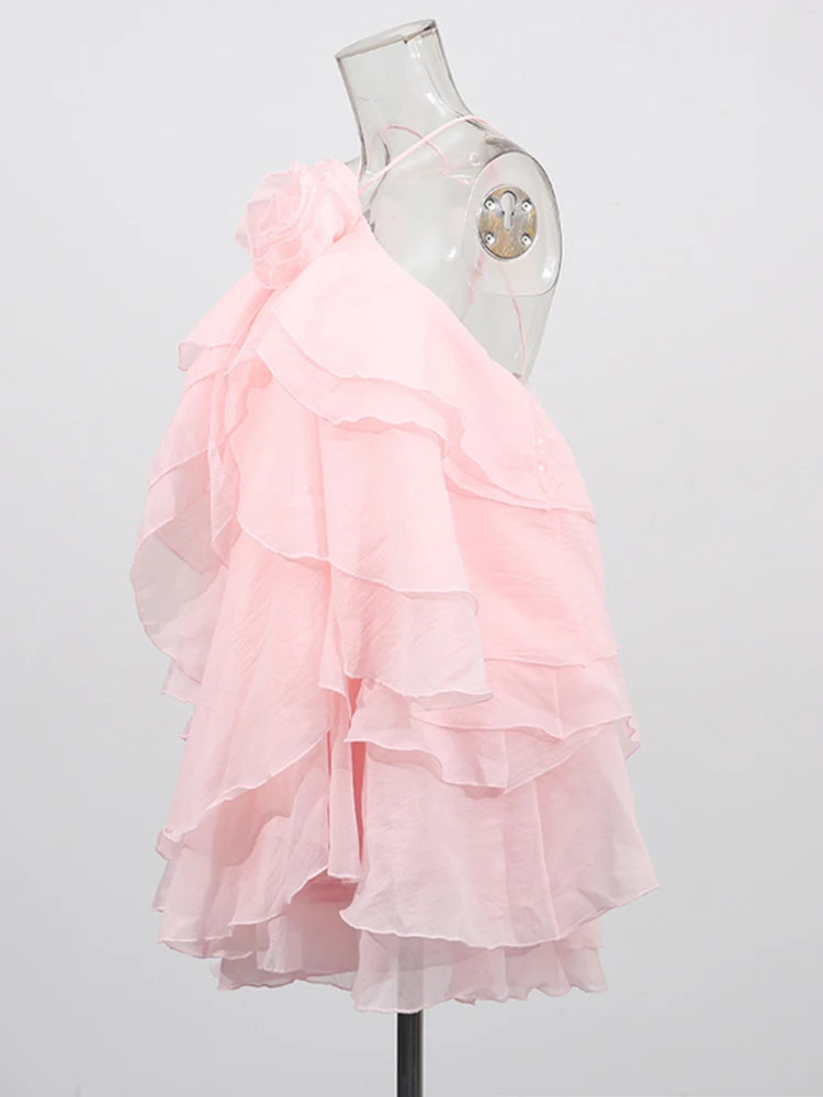Pink Cascading Ruffles Mini Dress | Side