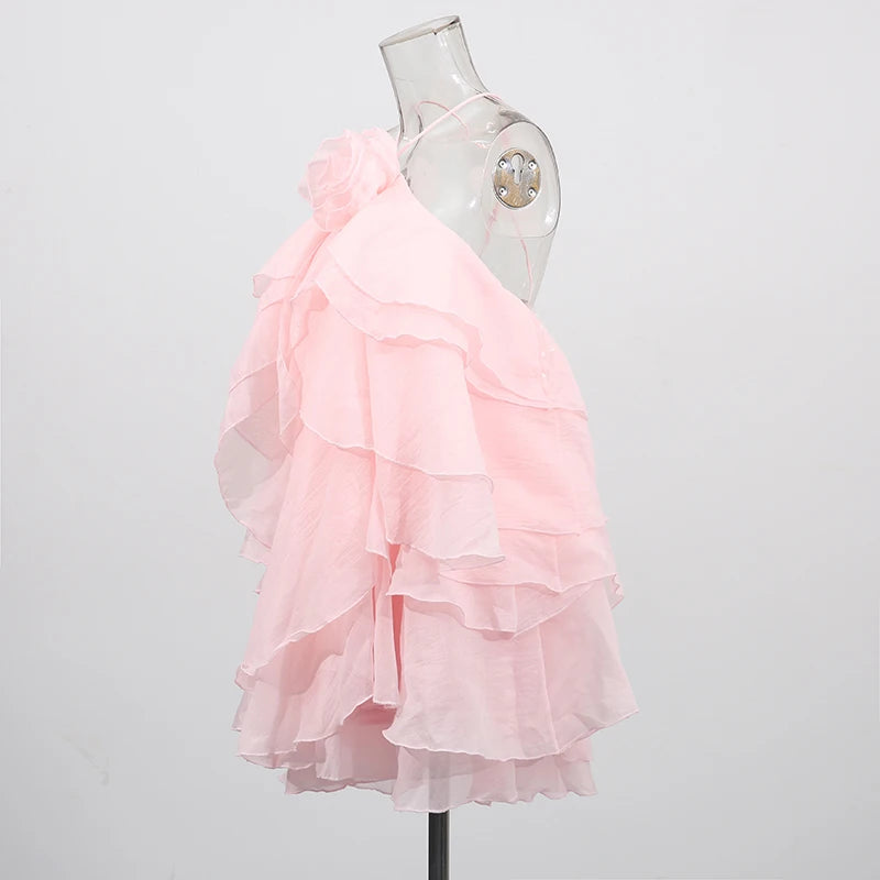 Pink Cascading Ruffles Mini Dress | Side