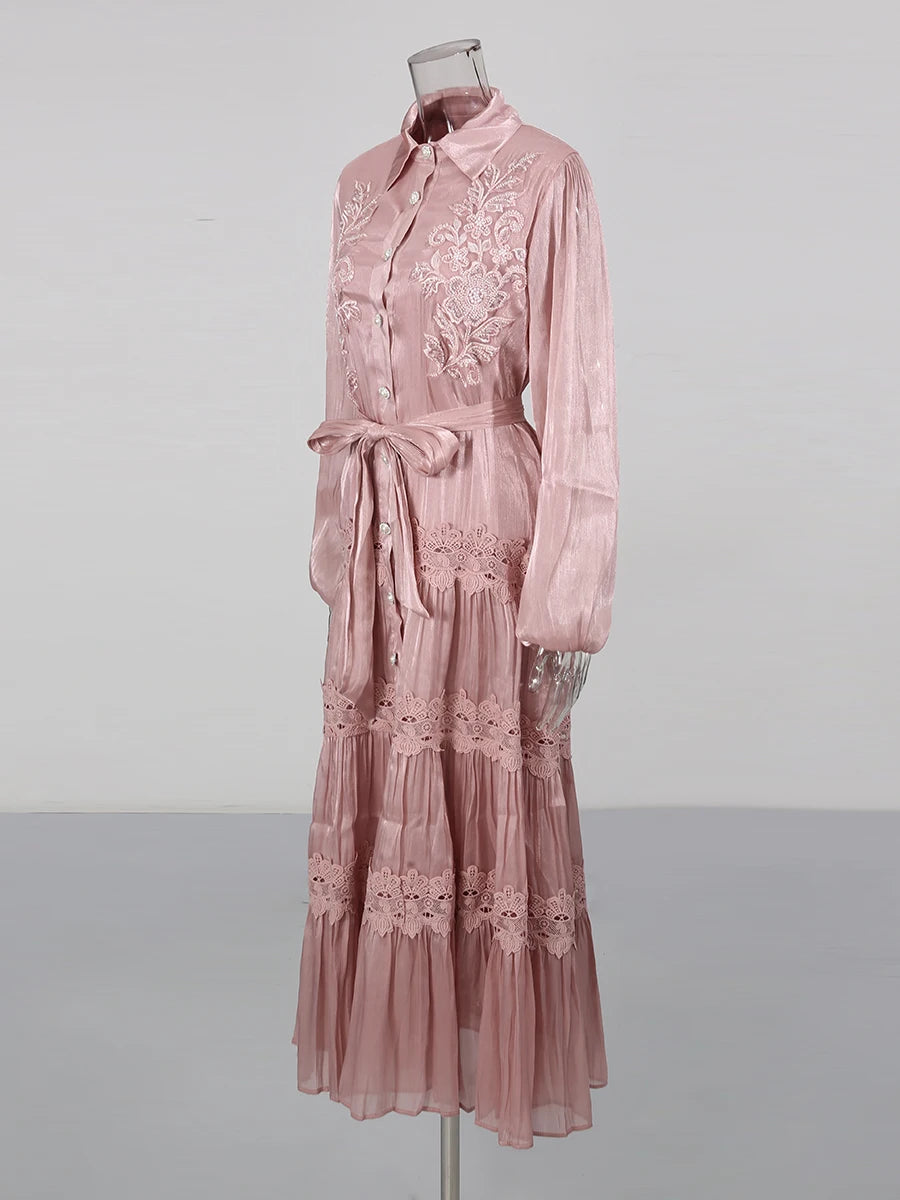 Zalia Atelier | Pink Embroidered Lace Maxi Dress