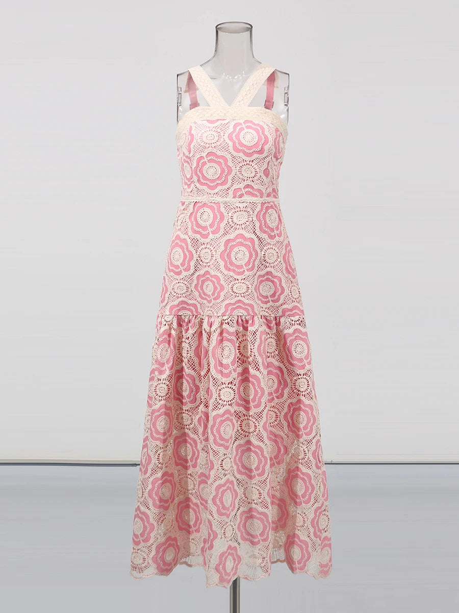 Zalia Atelier | Pink Embroidered Lace Midi Dress